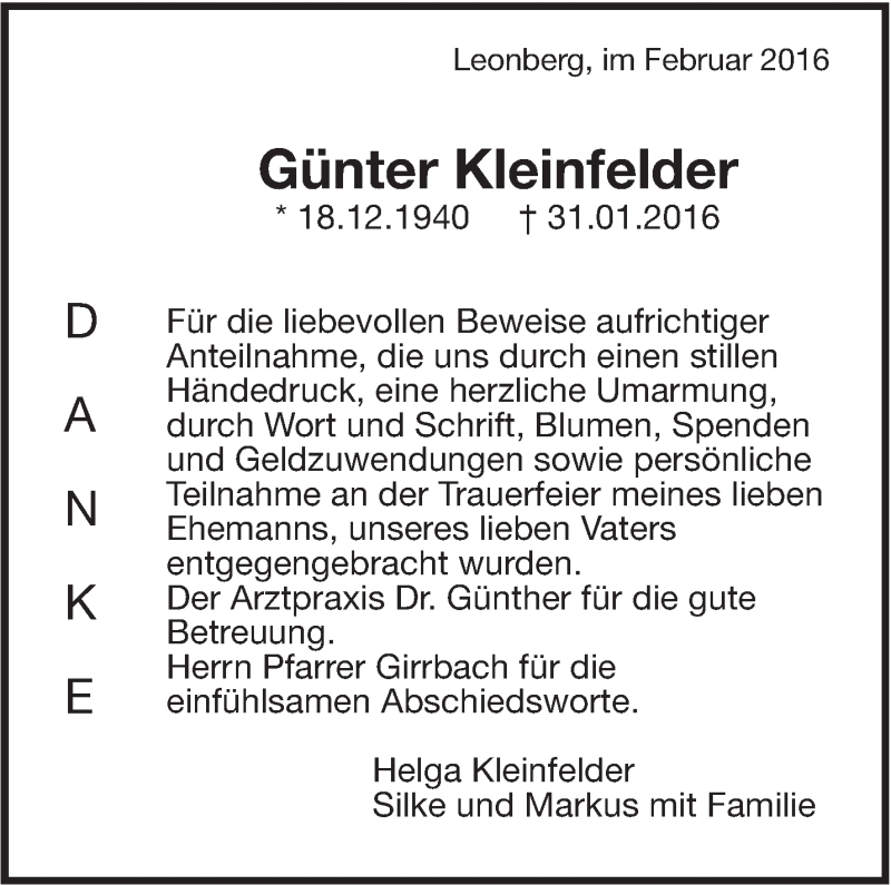  Traueranzeige für Günter Kleinfelder vom 13.02.2016 aus Leonberger Kreiszeitung / Strohgäu Extra