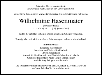 Traueranzeige von Wilhelmine Hasenmaier von Leonberger Kreiszeitung / Strohgäu Extra