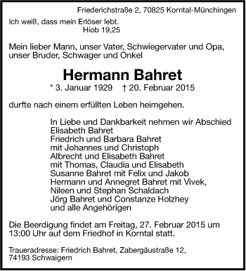 Traueranzeige von Hermann Bahret von Leonberger Kreiszeitung / Strohgäu Extra
