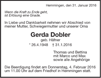 Traueranzeige von Gerda Dobler von Leonberger Kreiszeitung / Strohgäu Extra