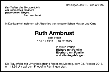 Traueranzeige von Ruth Armbrust von Leonberger Kreiszeitung / Strohgäu Extra
