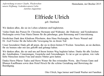 Traueranzeige von Elfriede Ulrich von Leonberger Kreiszeitung / Strohgäu Extra