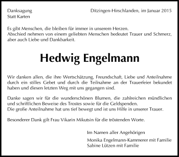 Traueranzeige von Hedwig Engelmann von Leonberger Kreiszeitung / Strohgäu Extra