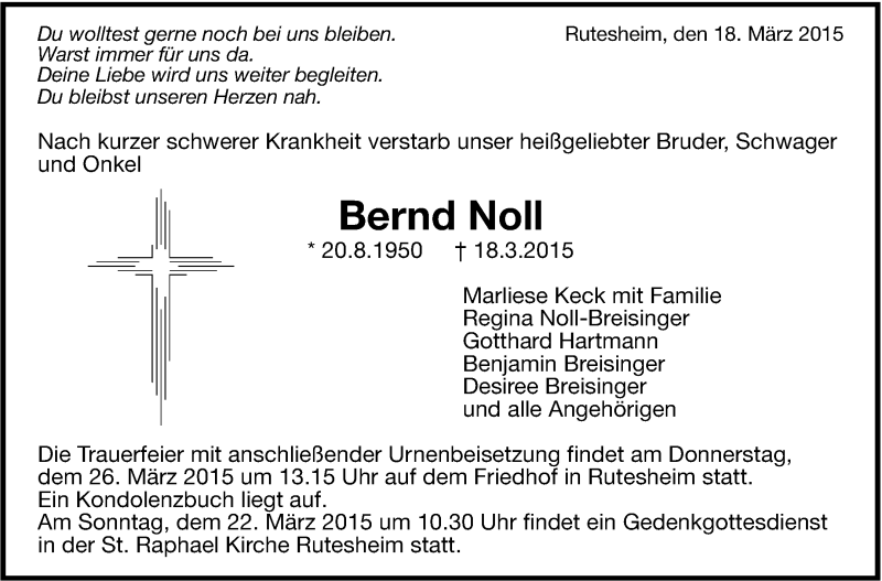  Traueranzeige für Bernd Noll vom 21.03.2015 aus Leonberger Kreiszeitung / Strohgäu Extra