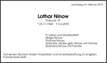 Traueranzeige von Lothar Ninow von Leonberger Kreiszeitung / Strohgäu Extra