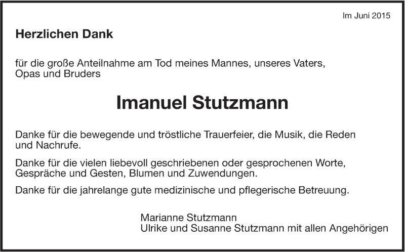  Traueranzeige für Imanuel Stutzmann vom 27.06.2015 aus Leonberger Kreiszeitung / Strohgäu Extra