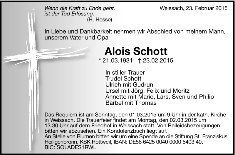  Traueranzeige für Alois Schott vom 25.02.2015 aus Leonberger Kreiszeitung / Strohgäu Extra