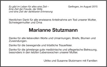 Traueranzeige von Marianne Stutzmann von Leonberger Kreiszeitung / Strohgäu Extra