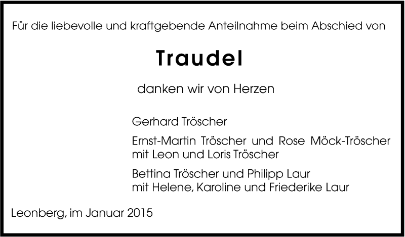  Traueranzeige für Traudel  vom 07.02.2015 aus Leonberger Kreiszeitung / Strohgäu Extra
