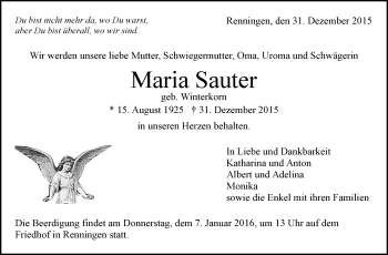 Traueranzeige von Maria Sauter von Leonberger Kreiszeitung / Strohgäu Extra