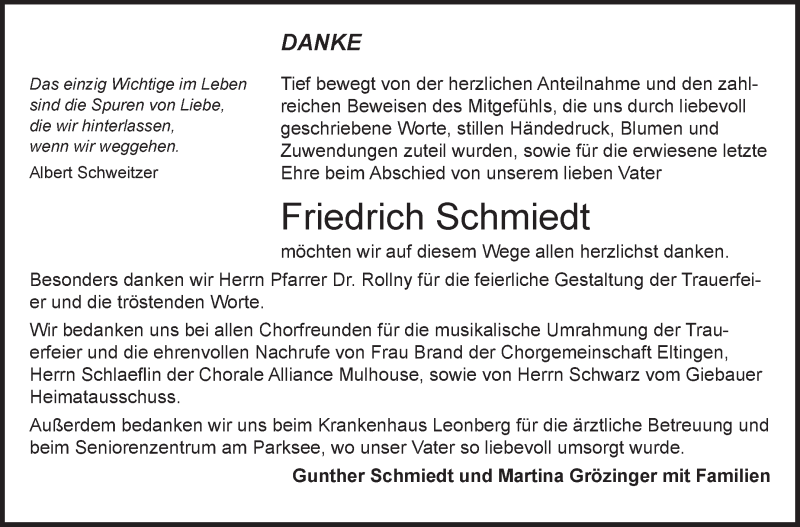  Traueranzeige für Friedrich Schmiedt vom 30.01.2016 aus Leonberger Kreiszeitung