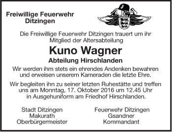 Traueranzeige von Kuno Wagner von Leonberger Kreiszeitung / Strohgäu Extra