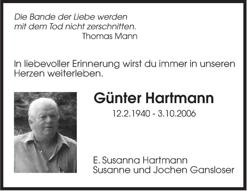  Traueranzeige für Günter Hartmann vom 04.10.2016 aus Leonberger Kreiszeitung / Strohgäu Extra