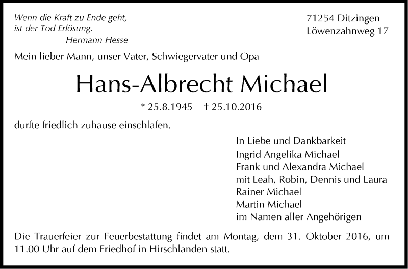  Traueranzeige für Hans-Albrecht Michael vom 27.10.2016 aus Leonberger Kreiszeitung / Strohgäu Extra
