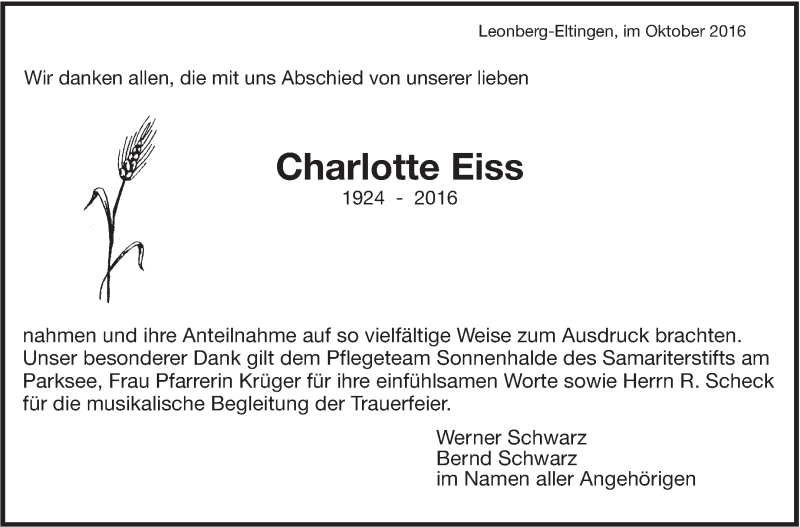  Traueranzeige für Charlotte Eiss vom 15.10.2016 aus Leonberger Kreiszeitung / Strohgäu Extra