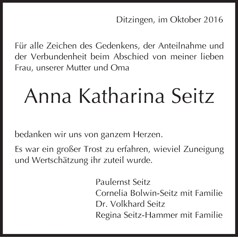  Traueranzeige für Anna Katharina Seitz vom 13.10.2016 aus Leonberger Kreiszeitung / Strohgäu Extra