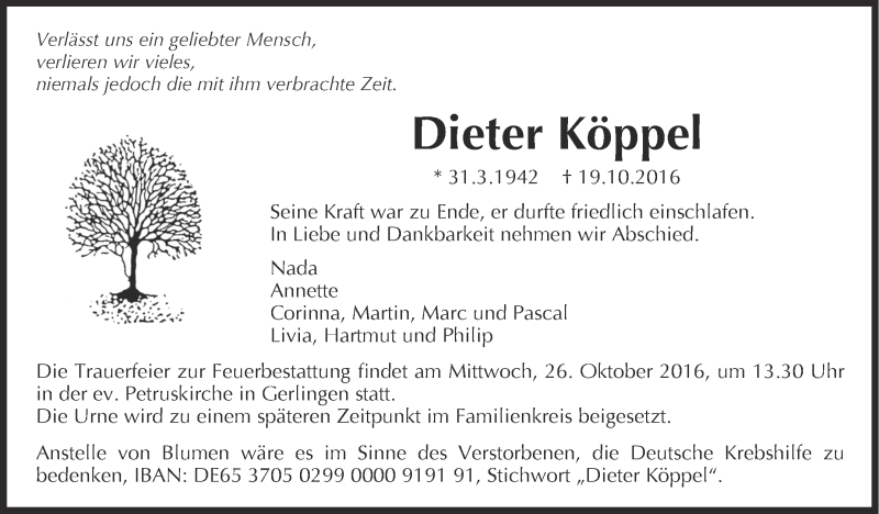  Traueranzeige für Dieter Köppel vom 22.10.2016 aus Leonberger Kreiszeitung / Strohgäu Extra