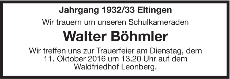  Traueranzeige für Walter Böhmler vom 07.10.2016 aus Leonberger Kreiszeitung / Strohgäu Extra