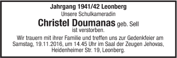 Traueranzeige von Christel Doumanas von Leonberger Kreiszeitung / Strohgäu Extra