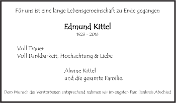Traueranzeige von Edmund Kittel von Leonberger Kreiszeitung / Strohgäu Extra