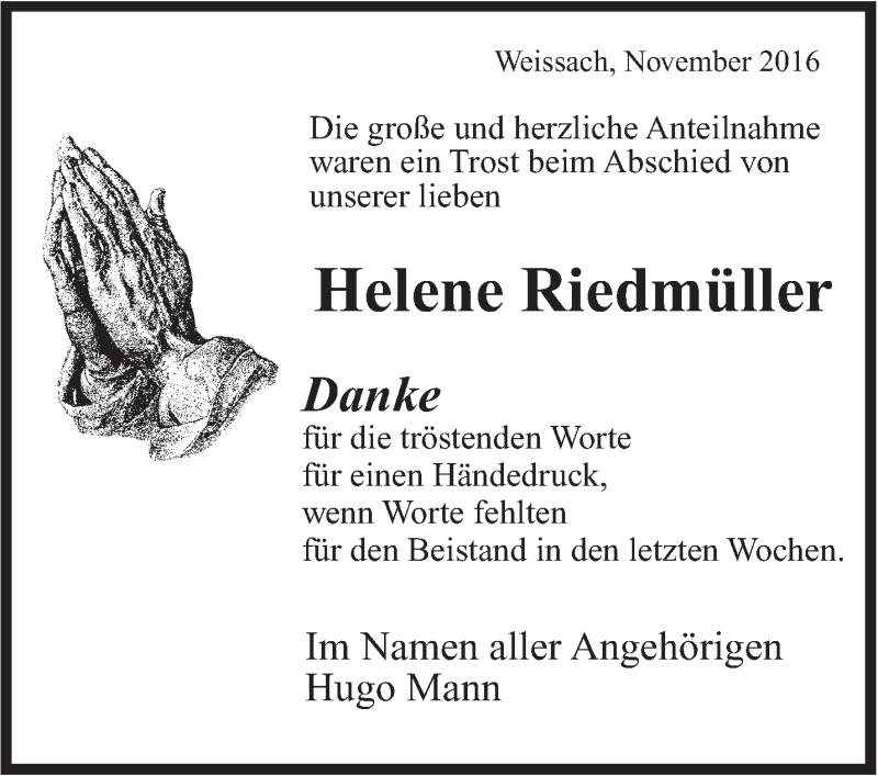  Traueranzeige für Helene Riedmüler vom 16.11.2016 aus Leonberger Kreiszeitung / Strohgäu Extra