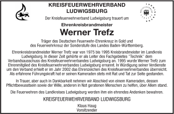 Traueranzeige von Werner Trefz von Leonberger Kreiszeitung / Strohgäu Extra