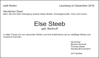 Traueranzeige von Else Steeb von Leonberger Kreiszeitung / Strohgäu Extra