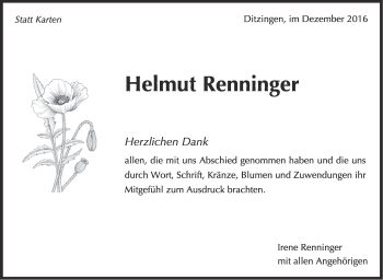 Traueranzeige von Helmut Renninger von Leonberger Kreiszeitung / Strohgäu Extra