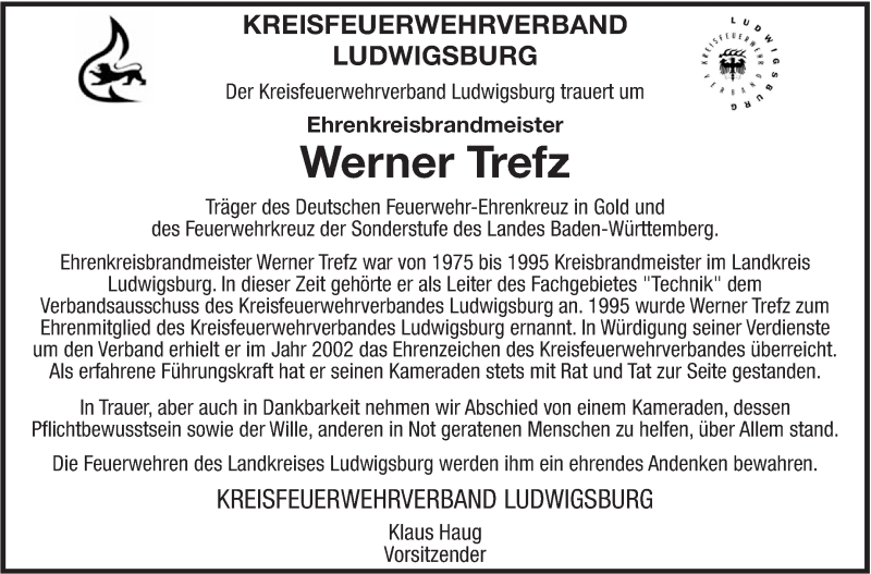  Traueranzeige für Werner Trefz vom 14.12.2016 aus Leonberger Kreiszeitung / Strohgäu Extra