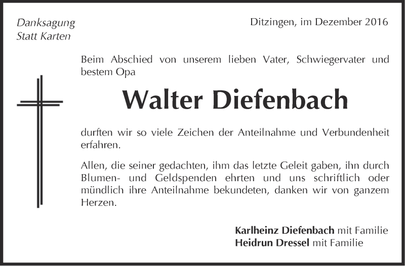  Traueranzeige für Walter Diefenbach vom 22.12.2016 aus Leonberger Kreiszeitung / Strohgäu Extra