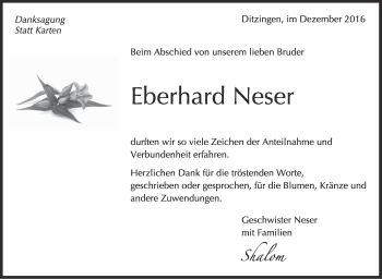 Traueranzeige von Eberhard Neser von Leonberger Kreiszeitung / Strohgäu Extra