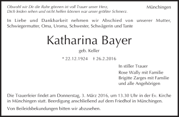 Traueranzeige von Katharina Bayer von Leonberger Kreiszeitung / Strohgäu Extra