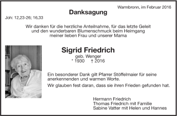 Traueranzeige von Sigrid Friedrich von Leonberger Kreiszeitung / Strohgäu Extra