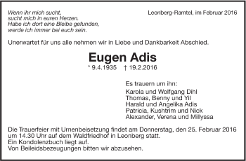 Traueranzeige von Eugen Adis von Leonberger Kreiszeitung / Strohgäu Extra