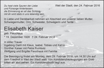 Traueranzeige von Elisabeth Kaiser von Leonberger Kreiszeitung / Strohgäu Extra