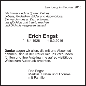 Traueranzeige von Erich Engst von Leonberger Kreiszeitung / Strohgäu Extra