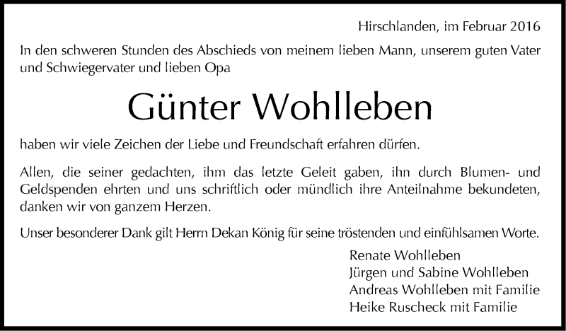  Traueranzeige für Günter Wohlleben vom 11.02.2016 aus Leonberger Kreiszeitung