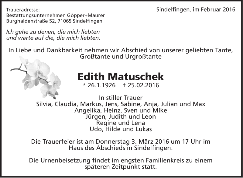  Traueranzeige für Edith Matuschek vom 29.02.2016 aus Leonberger Kreiszeitung / Strohgäu Extra