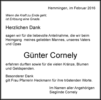Traueranzeige von Günter Cornely von Leonberger Kreiszeitung / Strohgäu Extra