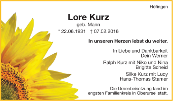 Traueranzeige von Lore Kurz von Leonberger Kreiszeitung / Strohgäu Extra