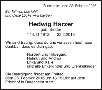Traueranzeige von Hedwig Harzer von Leonberger Kreiszeitung / Strohgäu Extra