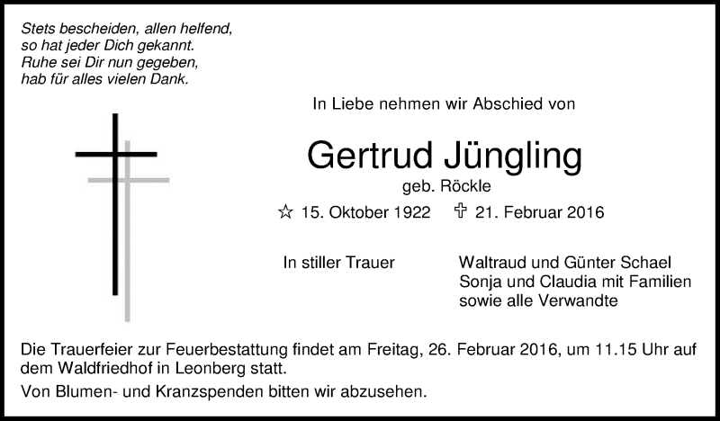  Traueranzeige für Gertrud Jüngling vom 23.02.2016 aus Leonberger Kreiszeitung / Strohgäu Extra