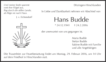Traueranzeige von Hans Budde von Leonberger Kreiszeitung / Strohgäu Extra