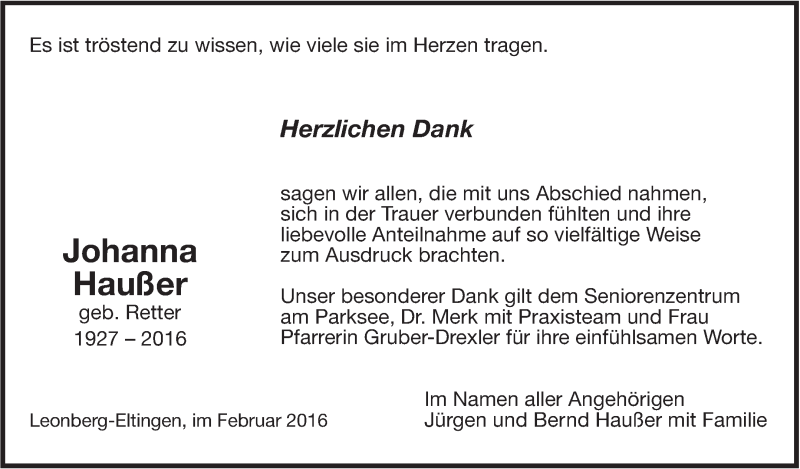  Traueranzeige für Johanna Haußer vom 26.02.2016 aus Leonberger Kreiszeitung / Strohgäu Extra