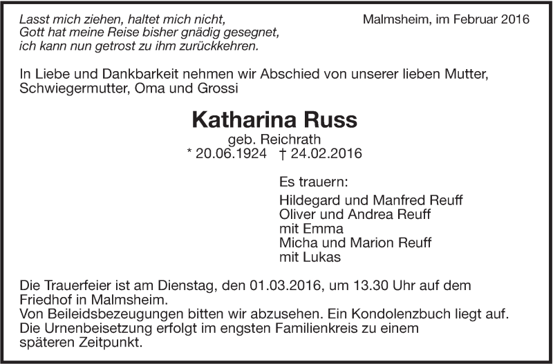  Traueranzeige für Katharina Russ vom 27.02.2016 aus Leonberger Kreiszeitung / Strohgäu Extra