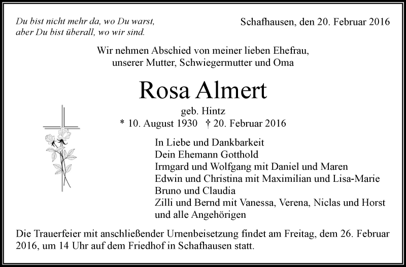  Traueranzeige für Rosa Almert vom 25.02.2016 aus Leonberger Kreiszeitung
