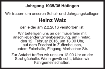 Traueranzeige von Heinz Walz von Leonberger Kreiszeitung