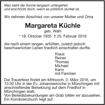 Traueranzeige von Margareta Küchle von Leonberger Kreiszeitung / Strohgäu Extra