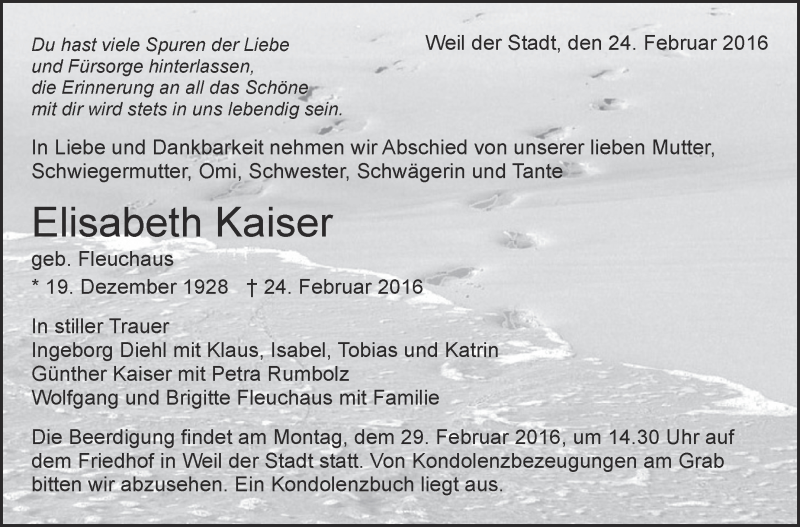  Traueranzeige für Elisabeth Kaiser vom 26.02.2016 aus Leonberger Kreiszeitung / Strohgäu Extra