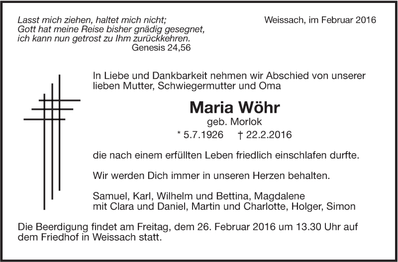  Traueranzeige für Maria Wöhr vom 24.02.2016 aus Leonberger Kreiszeitung / Strohgäu Extra